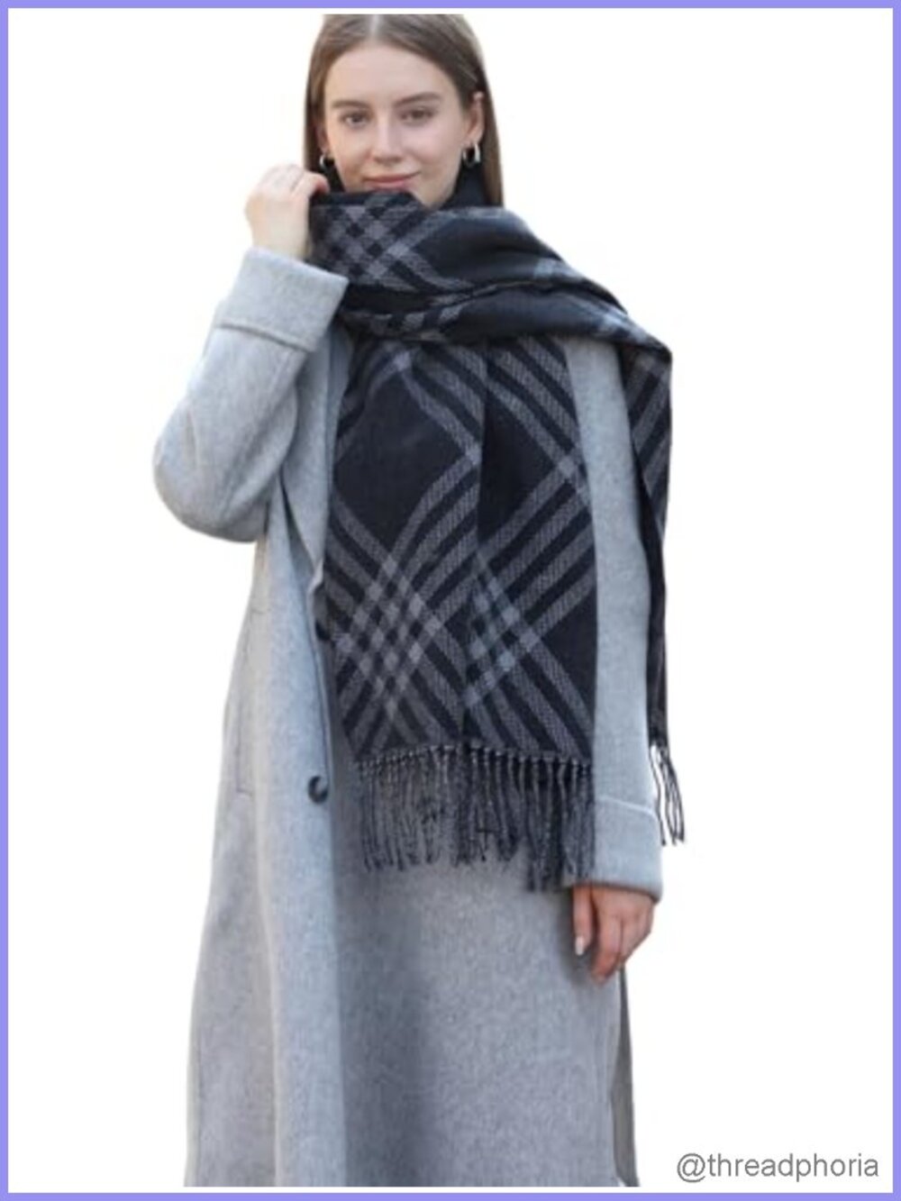 Oversized Plaid Reversible Scarf Shawl Wrap Cashmere-Feel Winter Fringe